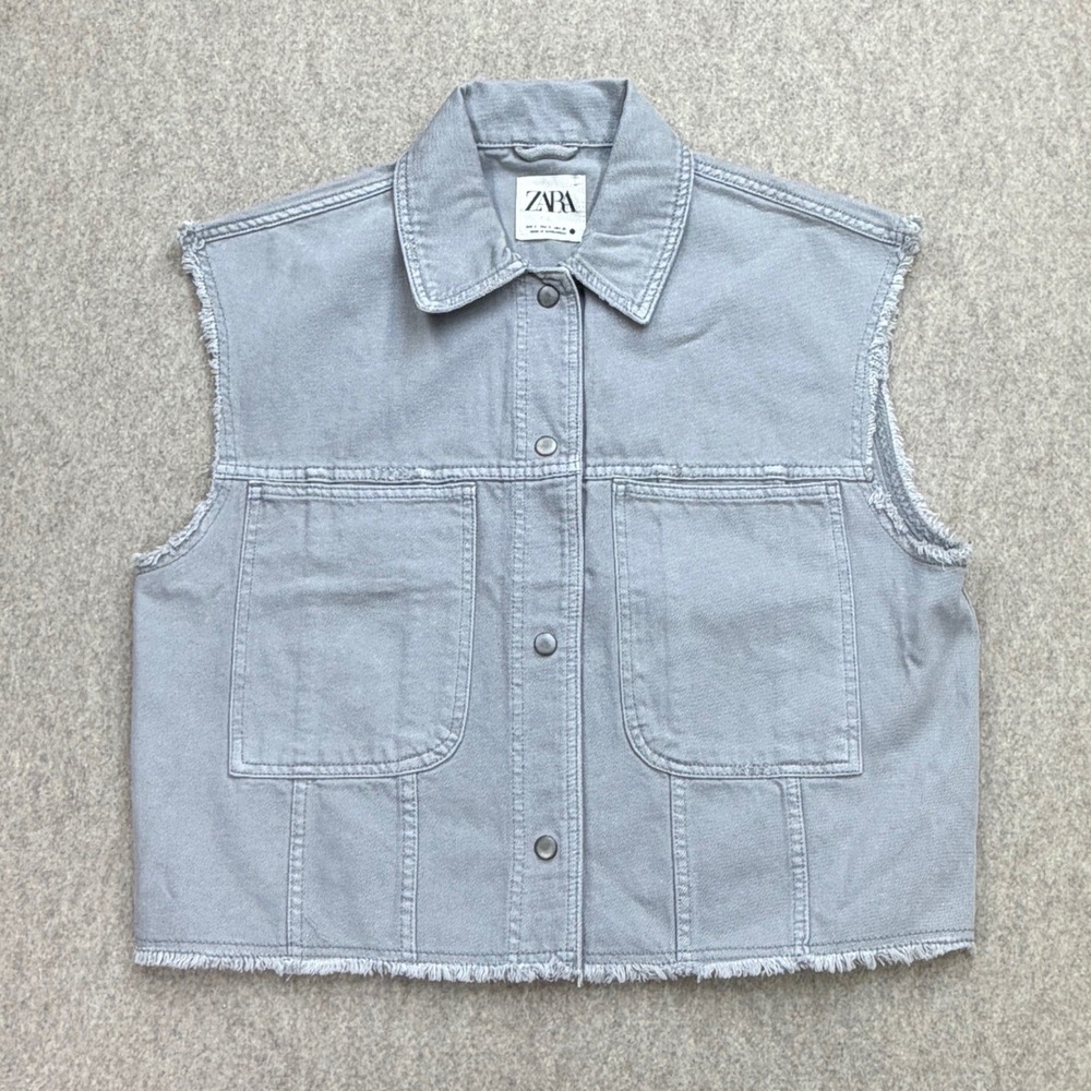 Zara Denim Vest Women Small Gray Streetwear Grunge Edgy Boho Minimalist Raw Fray